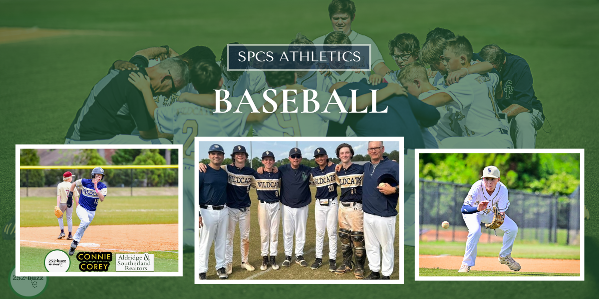 SPCS baseball collage with team photos, students playing baseball, and the caption SPCS Athletics Baseball