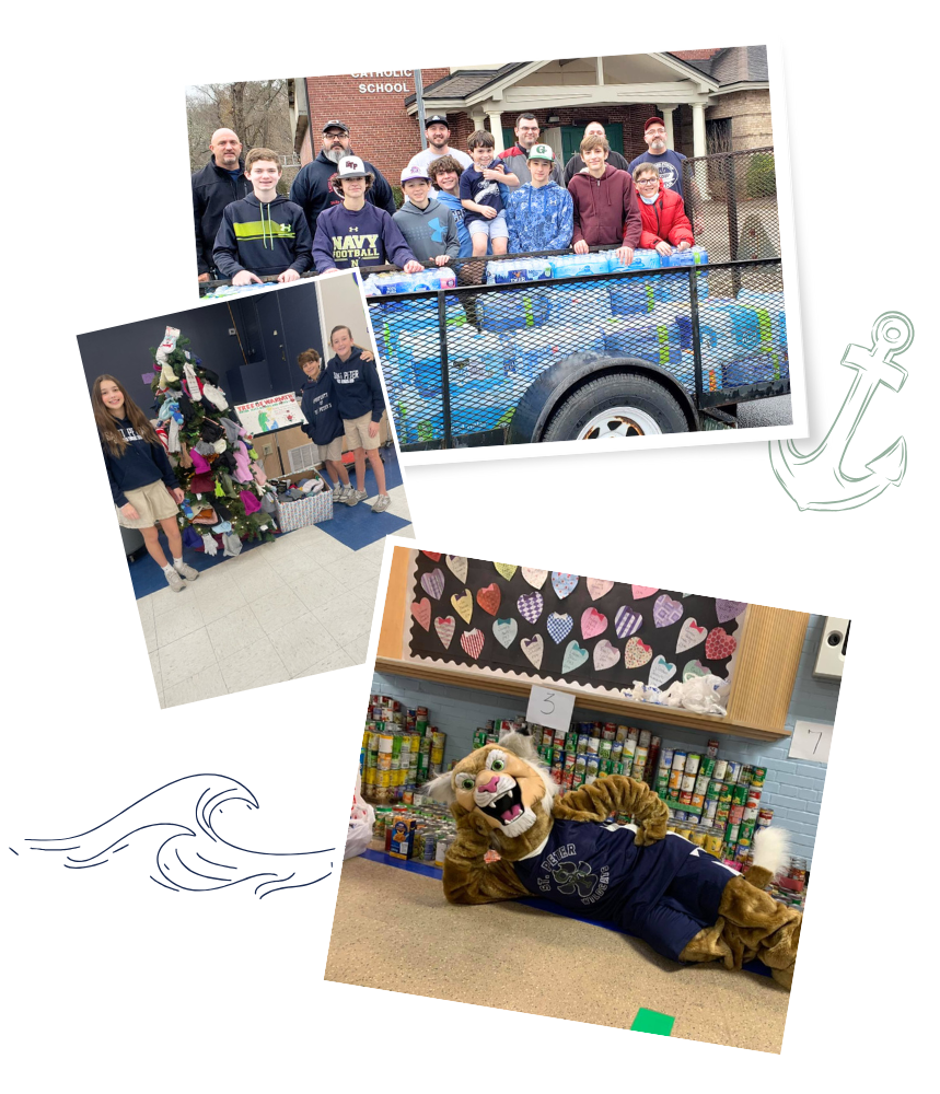 Collage of photos with students by truck filled with cases of donated water, students by giving tree with mittens on it, and school mascot in front of thousands of donated canned goods