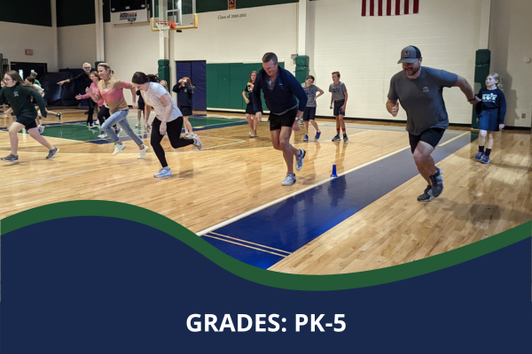 Parents running in a gymnasium with a caption that reads "Grades: PK-5"