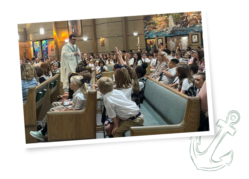 Catholic school Mass with students raising their hands in the pews while the priest asks a question