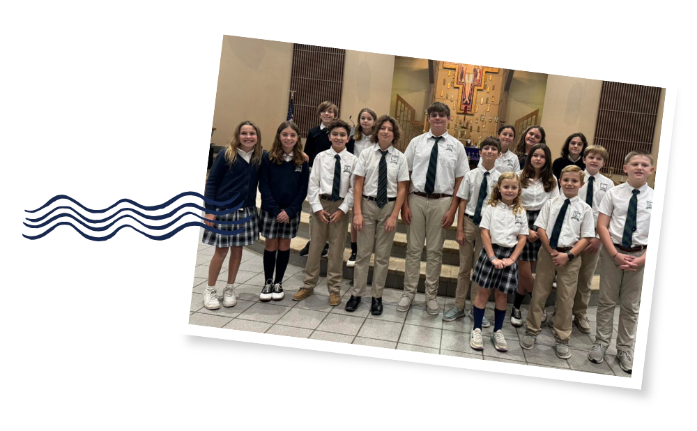 Catholic school students in dress uniform standing in front of church altar