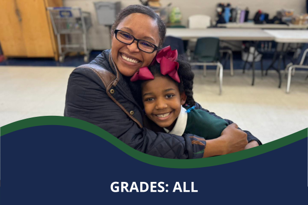A mom and daughter hugging and smiling at the camera with a caption that reads "Grades: All"