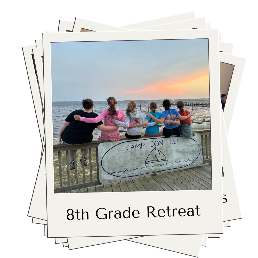 Teen girls sitting on a fence at Camp Don Lee looking at the ocean with a caption that reads 8th Grade Retreat