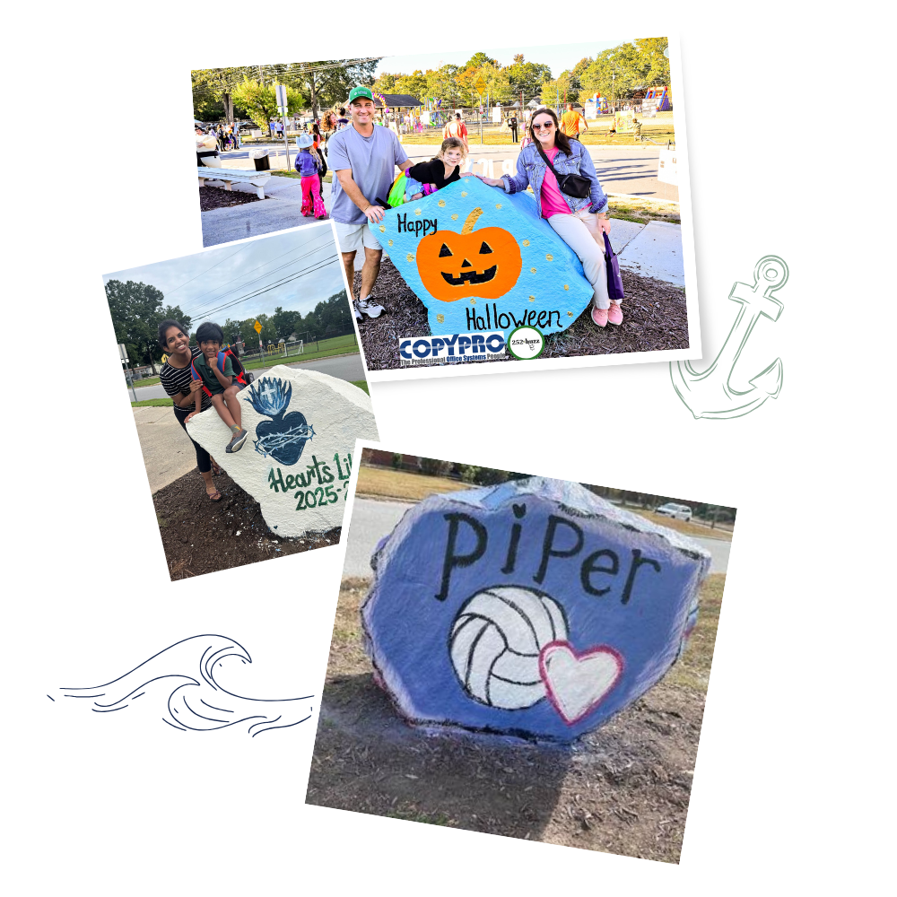 Collage of families posing near painted school spirit rock that reads "Happy Halloween," "Hearts like His 2025," and "Piper"